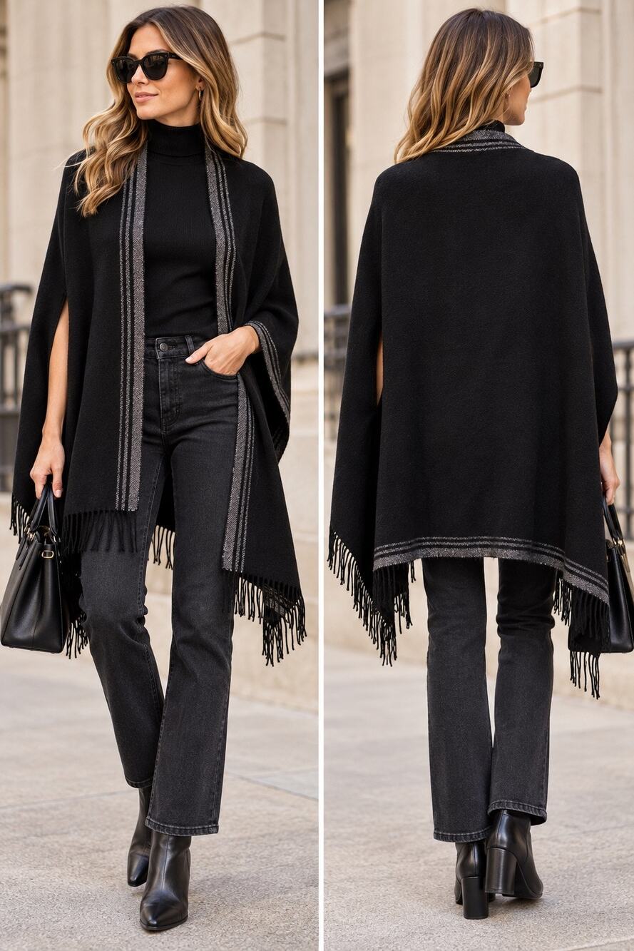 Cozy Chic Luxury Classic Madewell 100% Wool Cape Scarf Black Gray Fringe OS